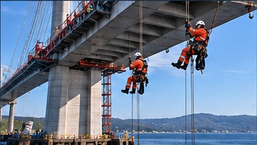 AI illustration of rope access technicians working beneath a bridge